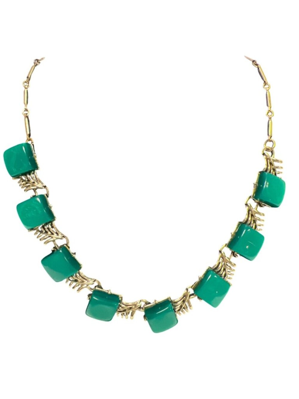 Coro Signed Vintage 1940's Green Turqouis Lucite Thermoset Silver Necklace